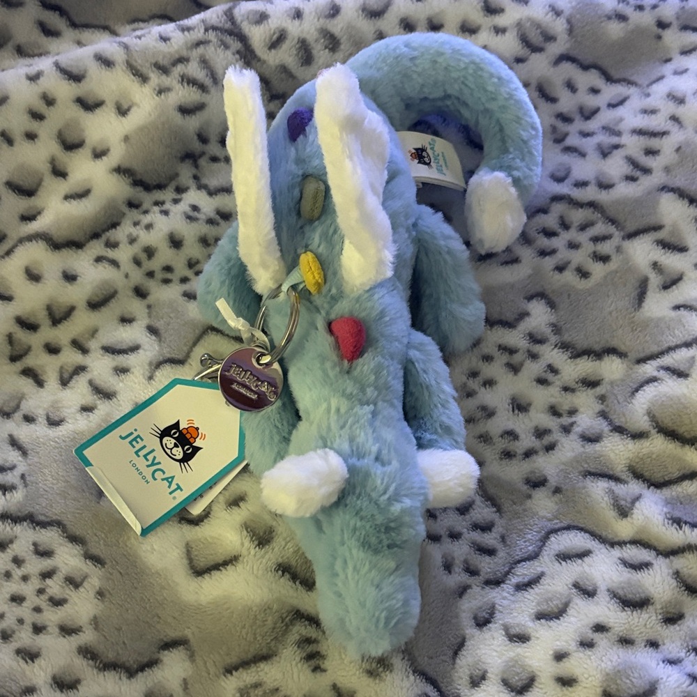 Jellycat Light Blue Bunny Clip Plush with Colorful Embroidered Accents